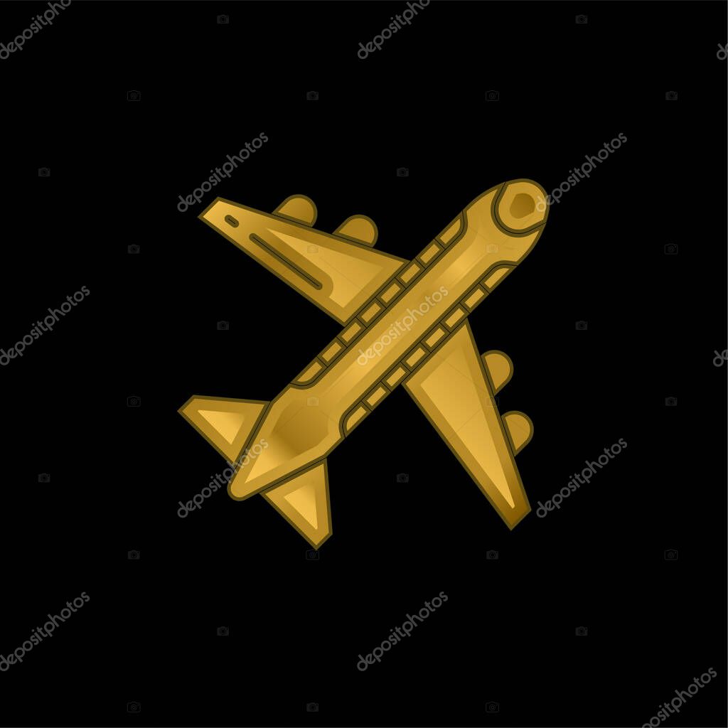 Airplane gold plated metalic icon or logo vector