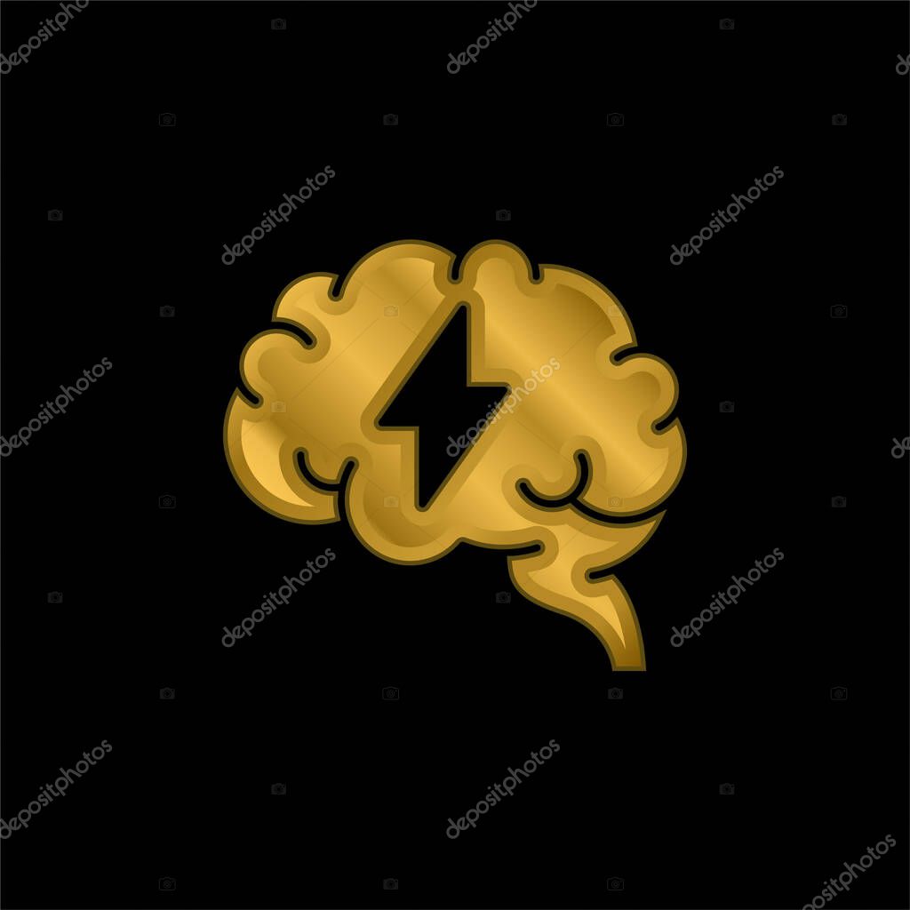 Brain gold plated metalic icon or logo vector