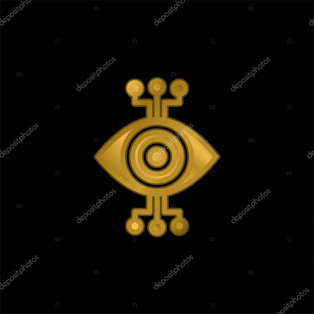 Bionic Eye gold plated metalic icon or logo vector