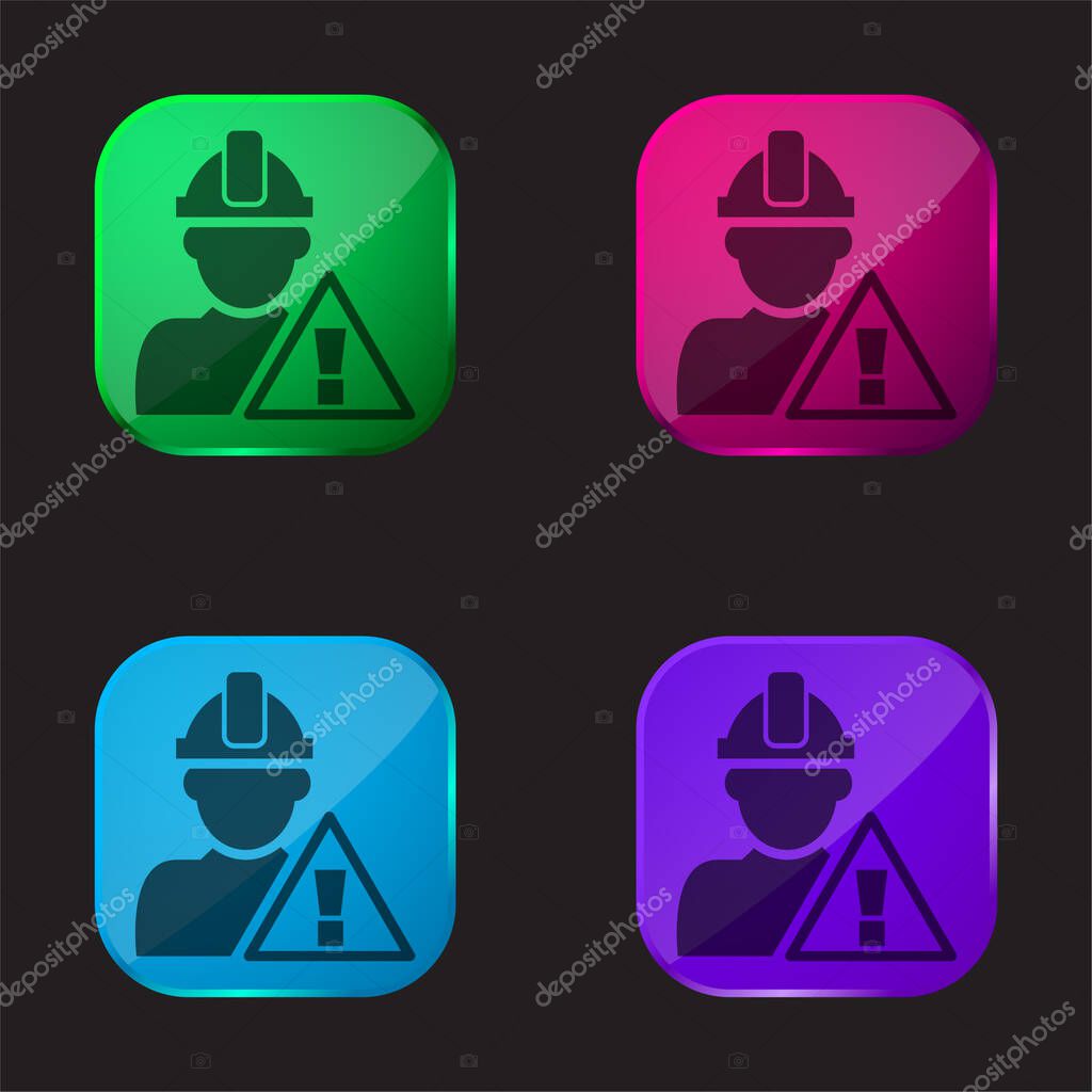 Attention Signal And Construction Worker four color glass button icon