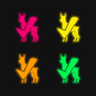 Big Dog Black Silhouette With Verification Sign four color glowing neon vector icon clipart