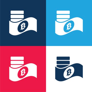 Kağıt üzerinde Bitcoin Sembolü Ve Paralar mavi ve kırmızı dört renk simgesi seti