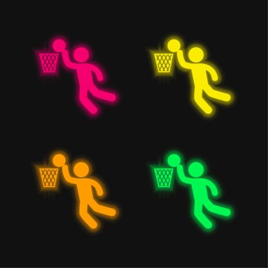 Basketbol oyuncusu dört renk parlayan neon vektör simgesi puanı aldı
