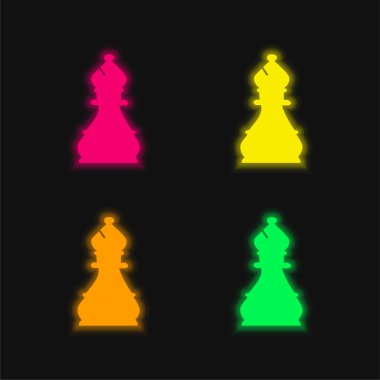 Bishop Chess Piece four color glowing neon vector icon clipart