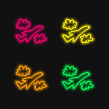 Bulutlar Arasında Uçak El Çizimi Uçuşu Dört Renkli Parlayan neon vektör simgesi