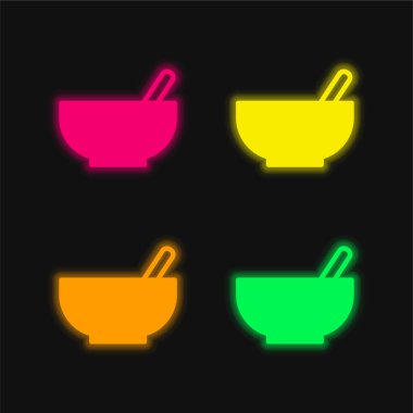 Bowl With Spoon four color glowing neon vector icon clipart