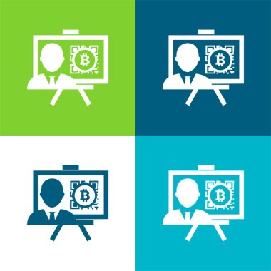 Bitcoin Presentation With Reporter Flat four color minimal icon set clipart