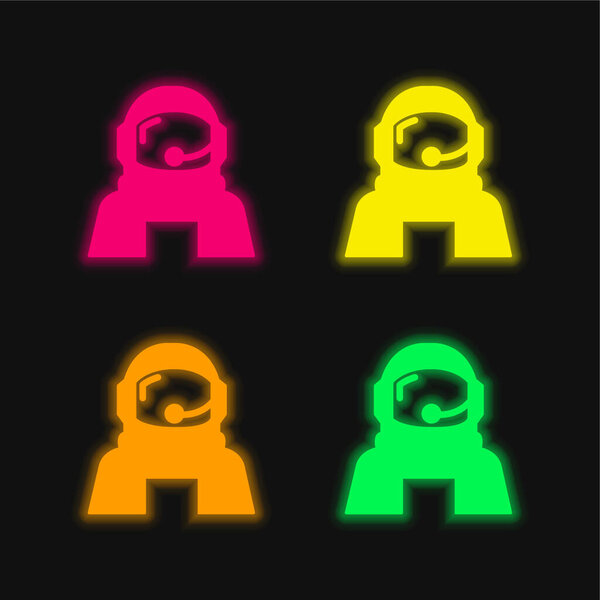 Astronaut Helmet Protection For Outer Space four color glowing neon vector icon