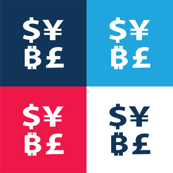 Символ биткойна с иенами доллара и фунтами Знаки синего и красного цветов минимальный набор значков