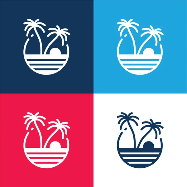 Playa Azul Rojo Conjunto Iconos Mínimo Cuatro Colores — Vector de stock