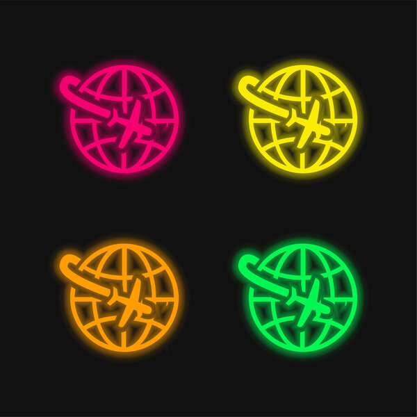 Полет самолета вокруг планеты 4 цвета светящийся неоновый вектор значок