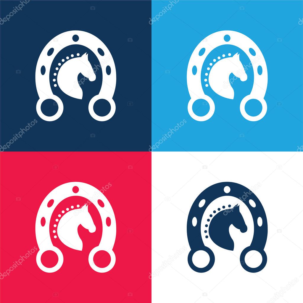 Black Head Horse In A Horseshoe blue and red four color minimal icon set