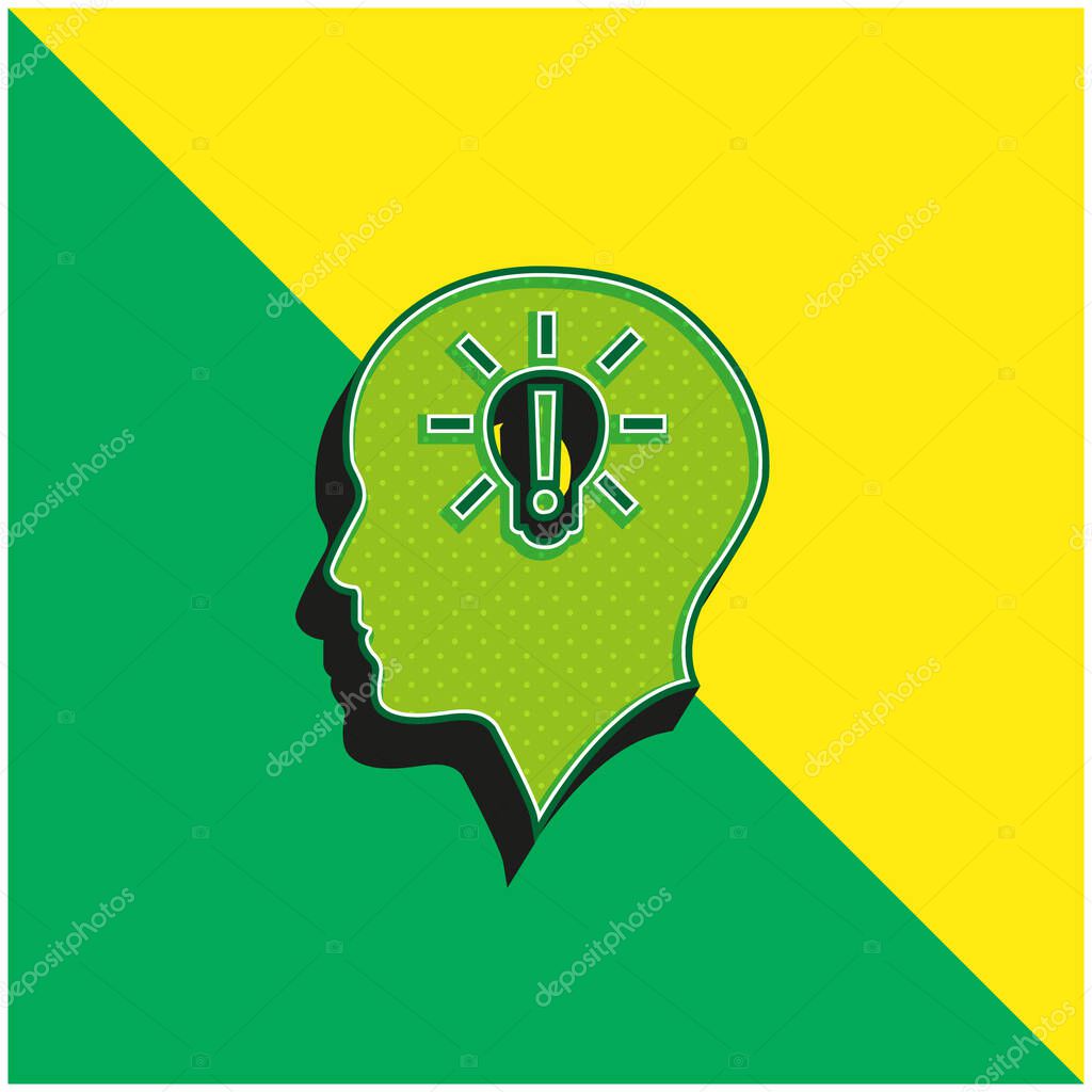 Bald Head With Lightbulb With Exclamation Sign Inside Green and yellow modern 3d vector icon logo