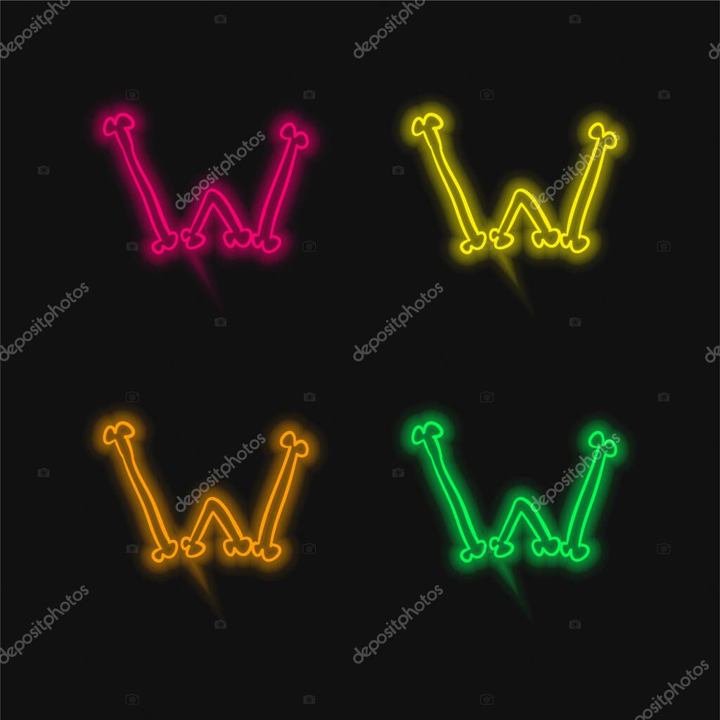 Bones W Outlined Letter Of Halloween Typography four color glowing neon vector icon