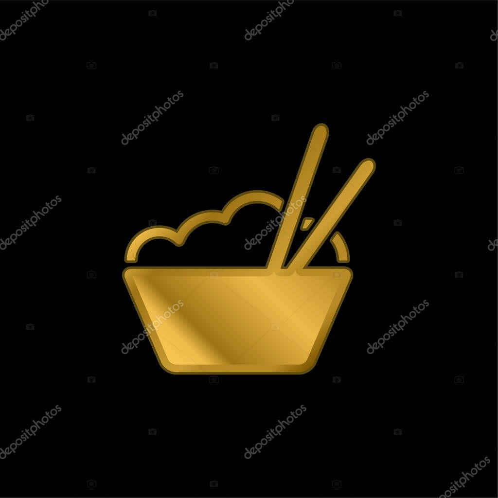 Bowl With Rice And Chopsticks gold plated metalic icon or logo vector