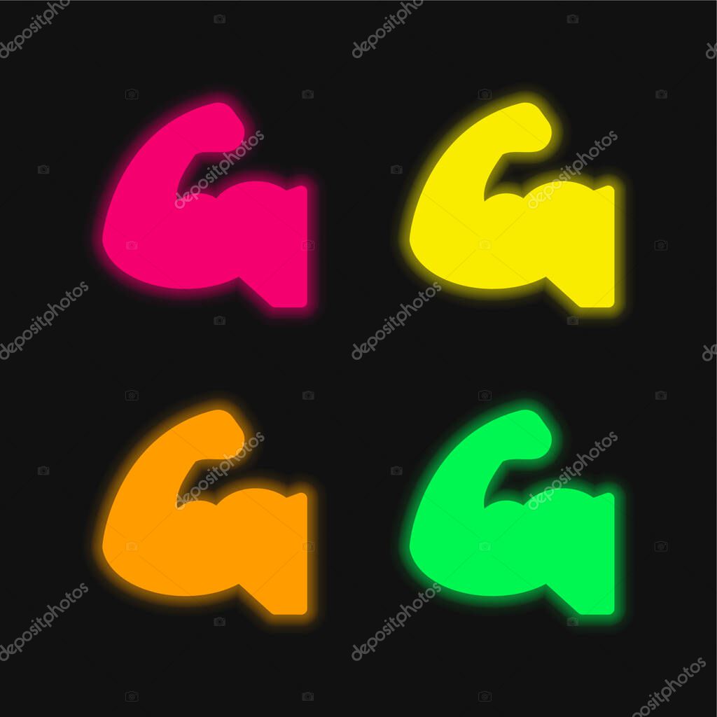 Biceps four color glowing neon vector icon