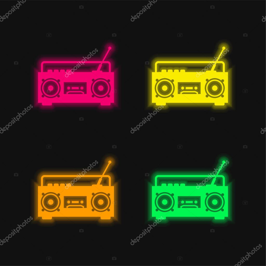 Boom Box Radio With Antenna four color glowing neon vector icon
