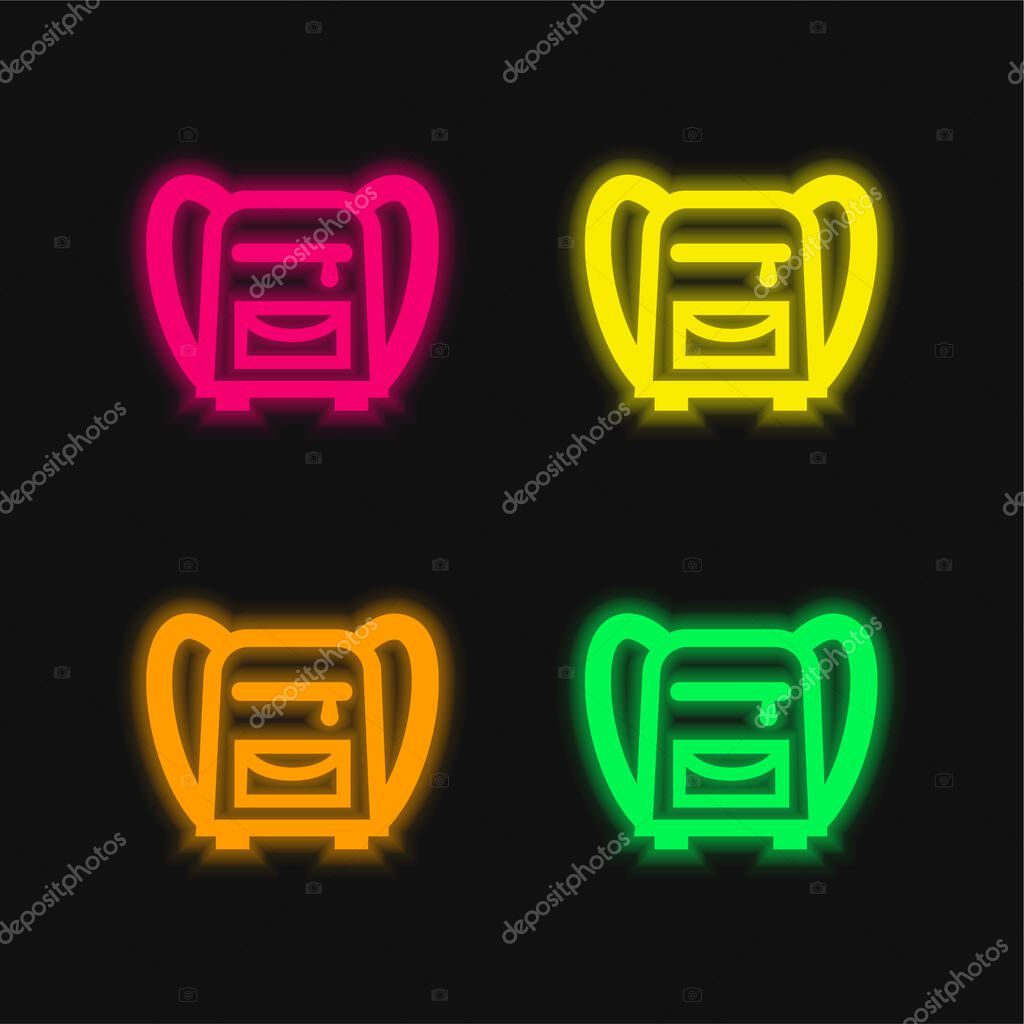 Back Bag For School four color glowing neon vector icon