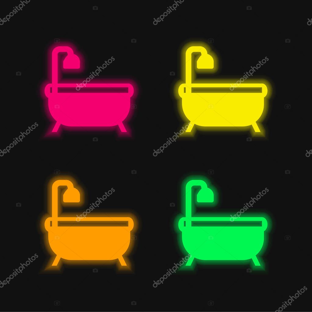Bath Tub four color glowing neon vector icon