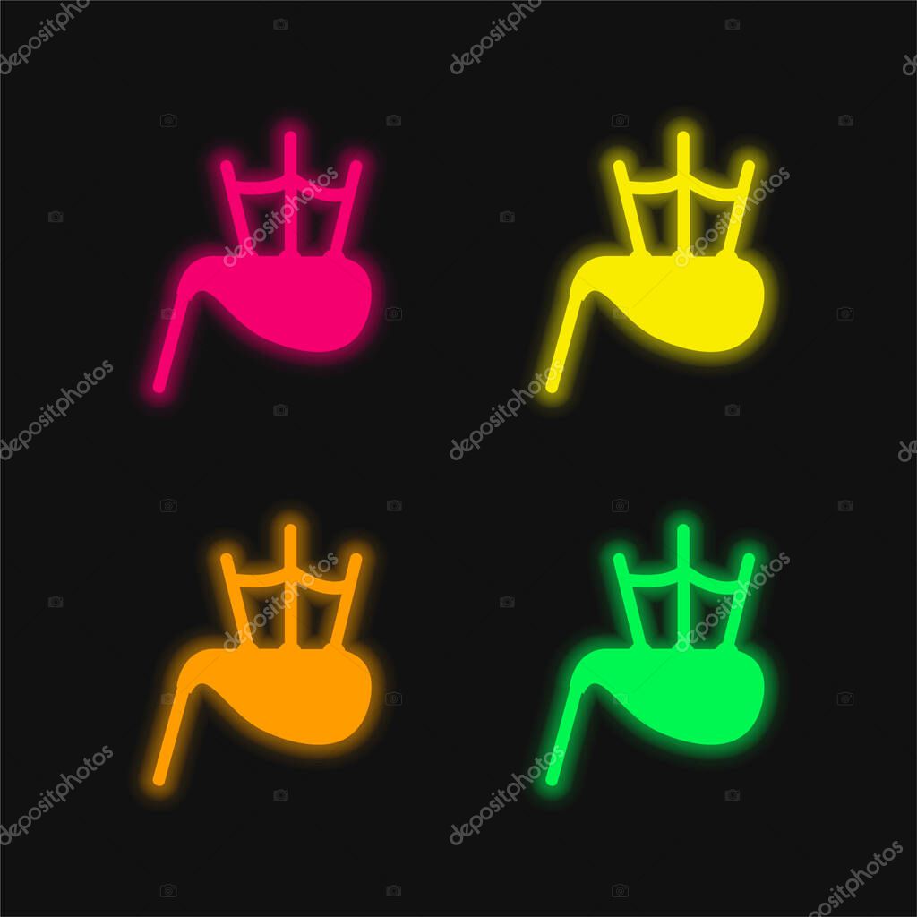 Bag Pipe four color glowing neon vector icon