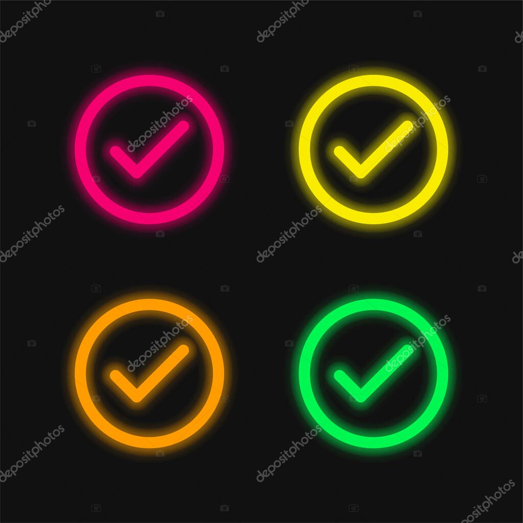 Accept Circular Button Outline four color glowing neon vector icon