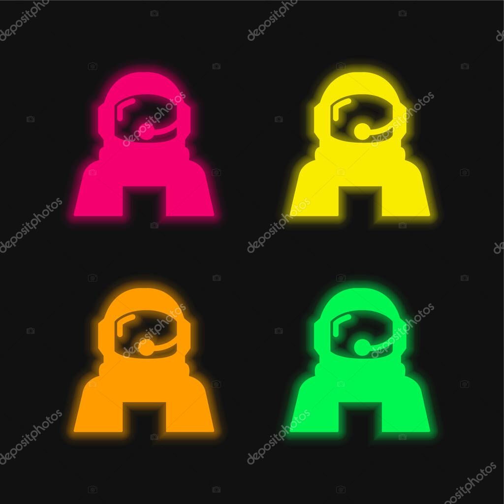 Astronaut Helmet Protection For Outer Space four color glowing neon vector icon