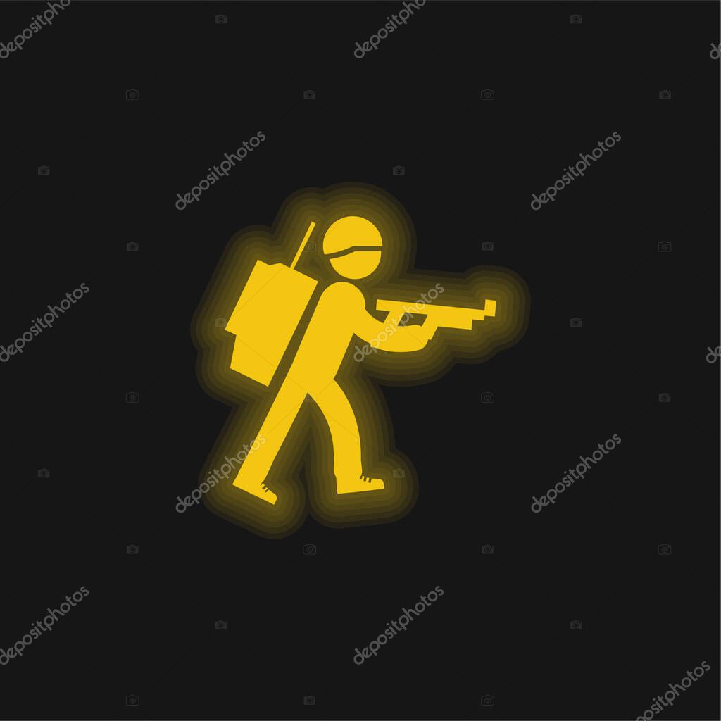 Army Soldier Walking yellow glowing neon icon