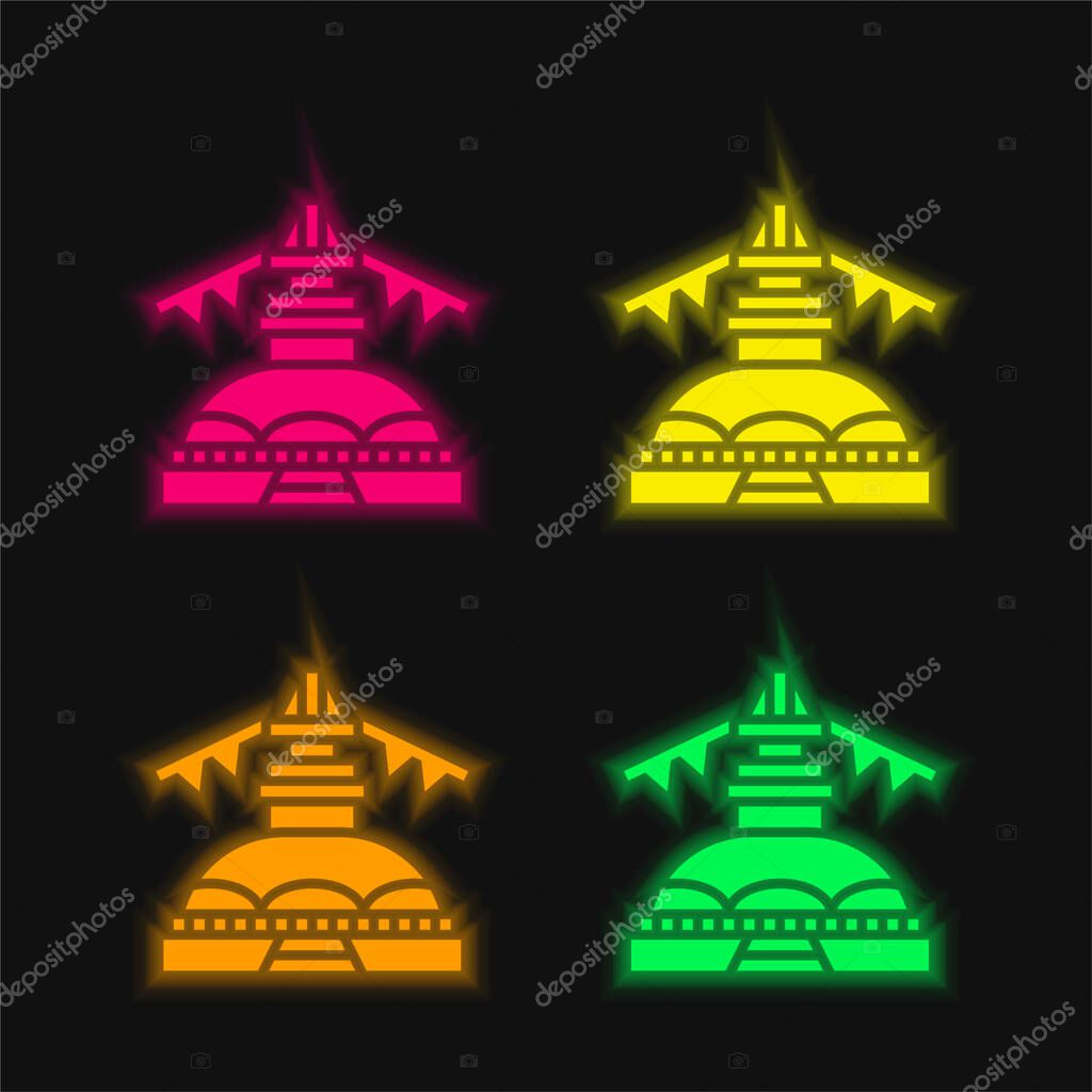 Boudhanath four color glowing neon vector icon