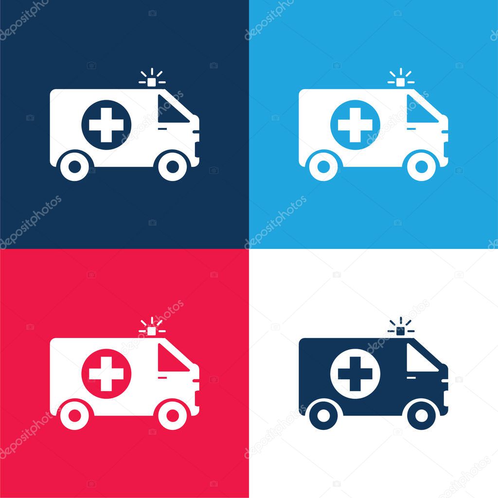 Ambulance With First Aid Sign blue and red four color minimal icon set