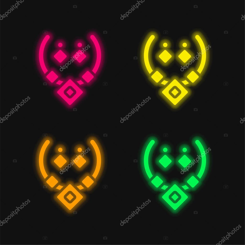 Aztec Necklace four color glowing neon vector icon
