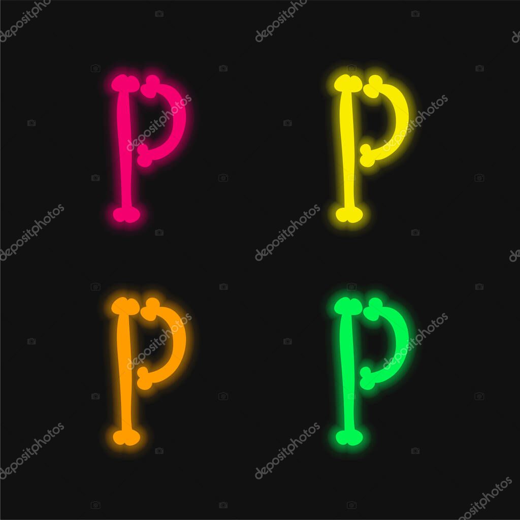 Bones Halloween Typography Filled Shape Of Letter P four color glowing neon vector icon