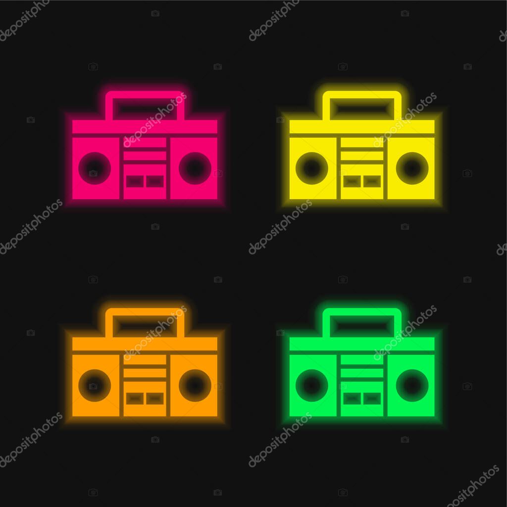Boom Box With Handle four color glowing neon vector icon