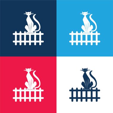 Black Cat On Fence blue and red four color minimal icon set clipart