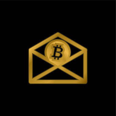 Bitcoin Inside A Mail Envelope Outline gold plated metalic icon or logo vector