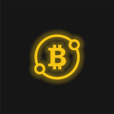 Bitcoin Sign In A Circle With Two Spots Connect Symbol yellow glowing neon icon