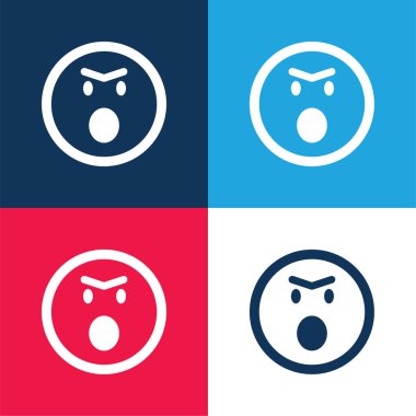 Kızgın Duygusal Yüz Açık Ağızlı Yuvarlak Meydan Dış Hattı Mavi ve Kırmızı Minimum Renk Simgesi