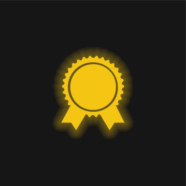 Award Badge Of Circular Shape With Ribbon Tails yellow glowing neon icon clipart