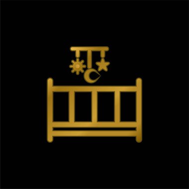 Baby Bed With A Mobile Toy With Hanging Shapes Of Sun Moon And Star gold plated metalic icon or logo vector