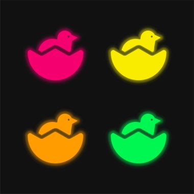 Baby Chicken And Half Egg Shell four color glowing neon vector icon