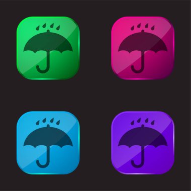 Black Opened Umbrella Symbol With Rain Drops Falling On It four color glass button icon
