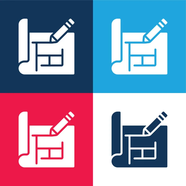 Blueprint Blue Red Four Color Minimal Icon Set — Stock Vector