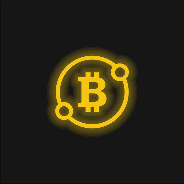Bitcoin Sign In A Circle With Two Spots Connect Symbol yellow glowing neon icon