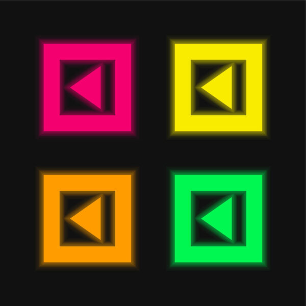 Back Arrow Triangle In Gross Square Button four color glowing neon vector icon