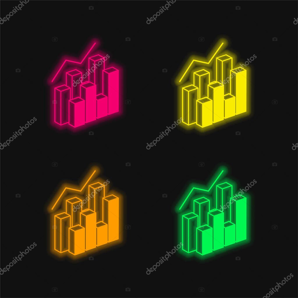 3d Data Analytics Dual Bars Graphic four color glowing neon vector icon