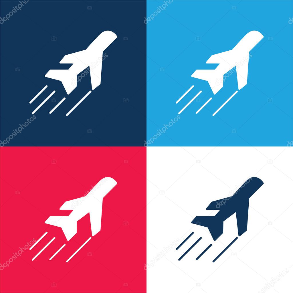 Airplane Side View In Flight blue and red four color minimal icon set