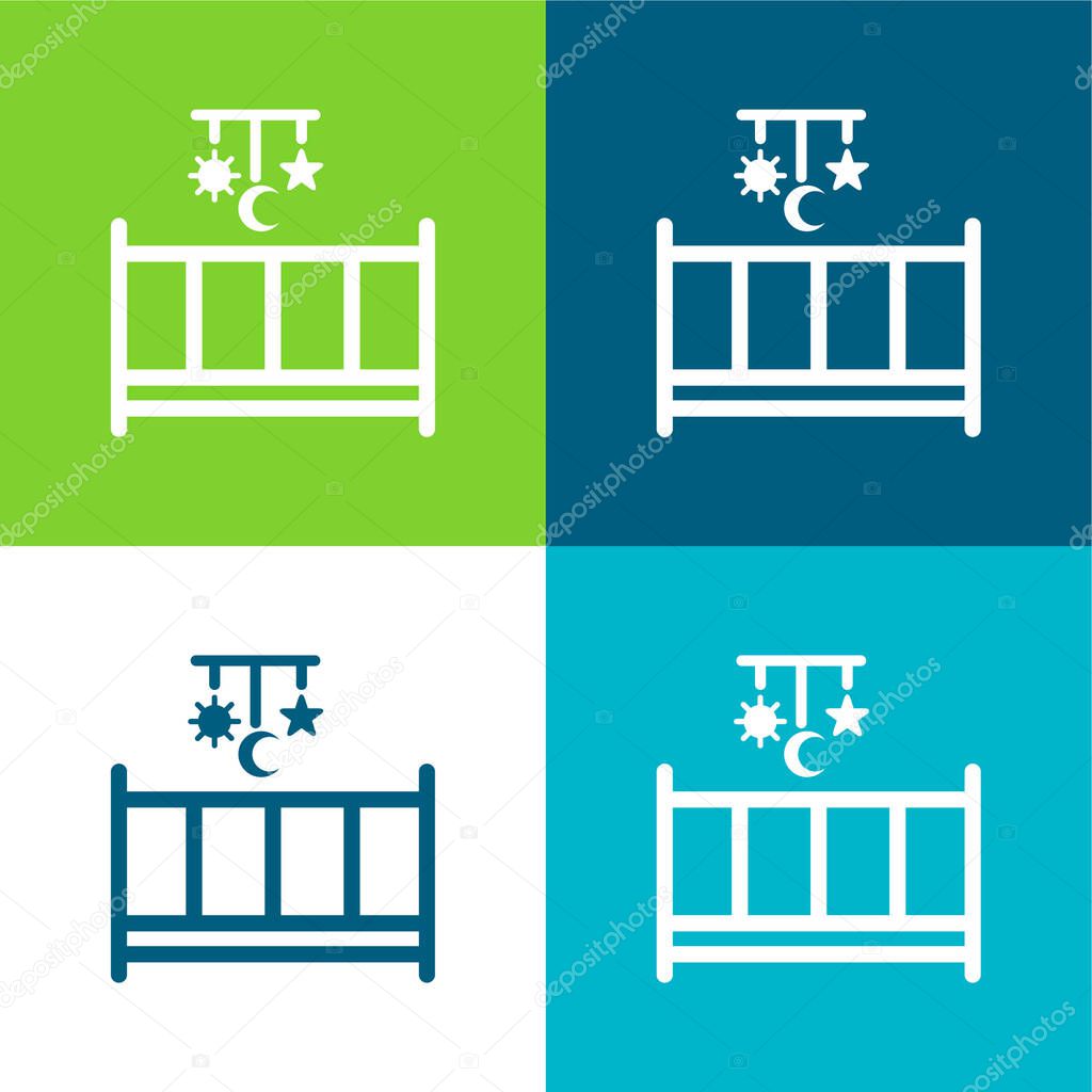 Baby Bed With A Mobile Toy With Hanging Shapes Of Sun Moon And Star Flat four color minimal icon set
