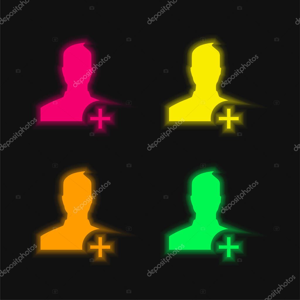 Add User To Social Network four color glowing neon vector icon