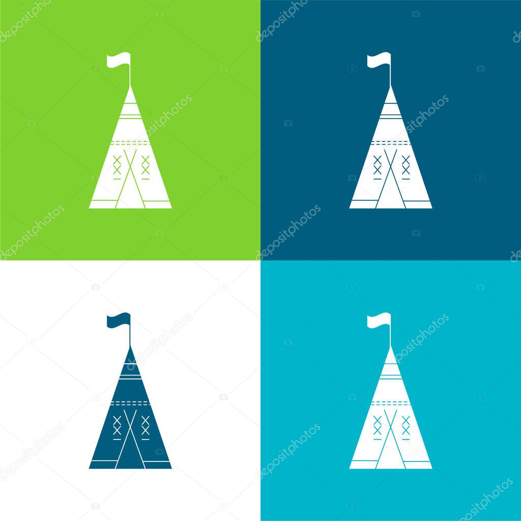 African Tribal Tent With Flag Flat four color minimal icon set
