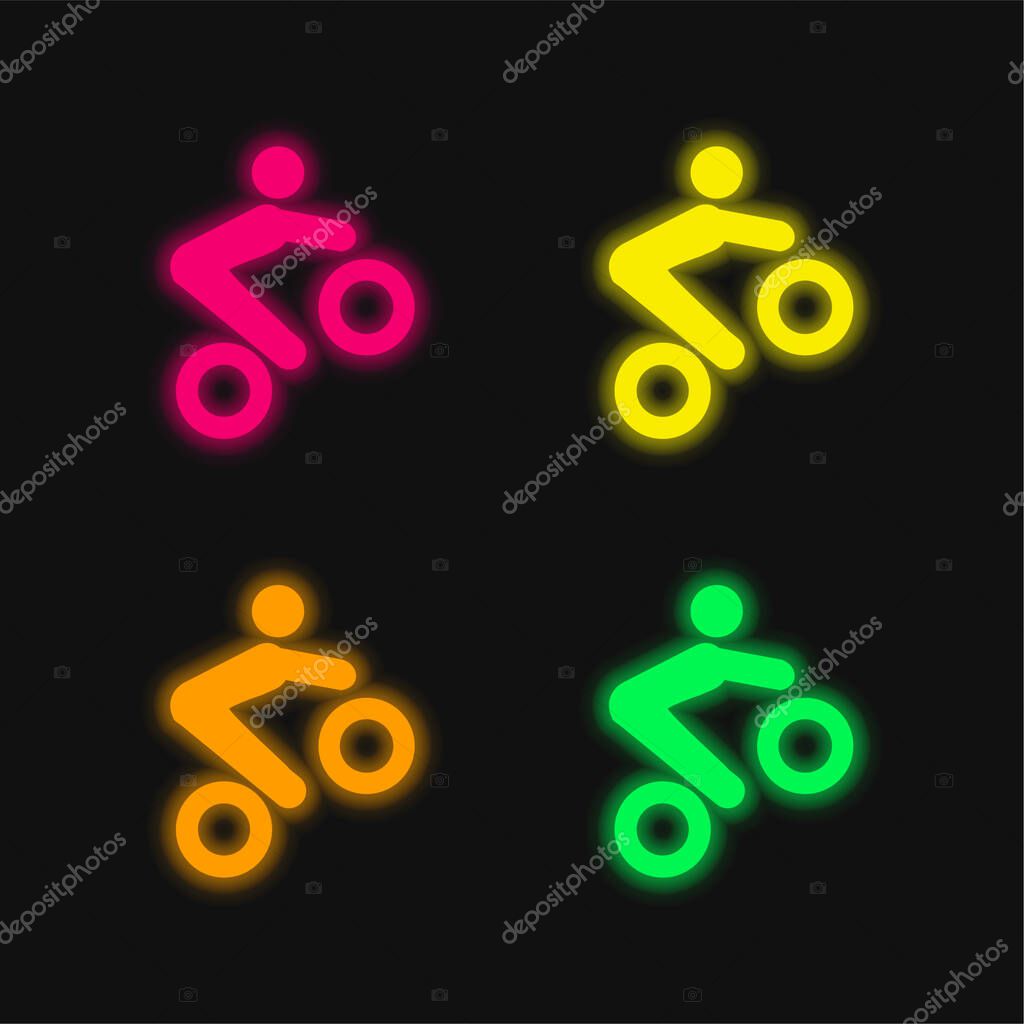 Bike Tricks four color glowing neon vector icon