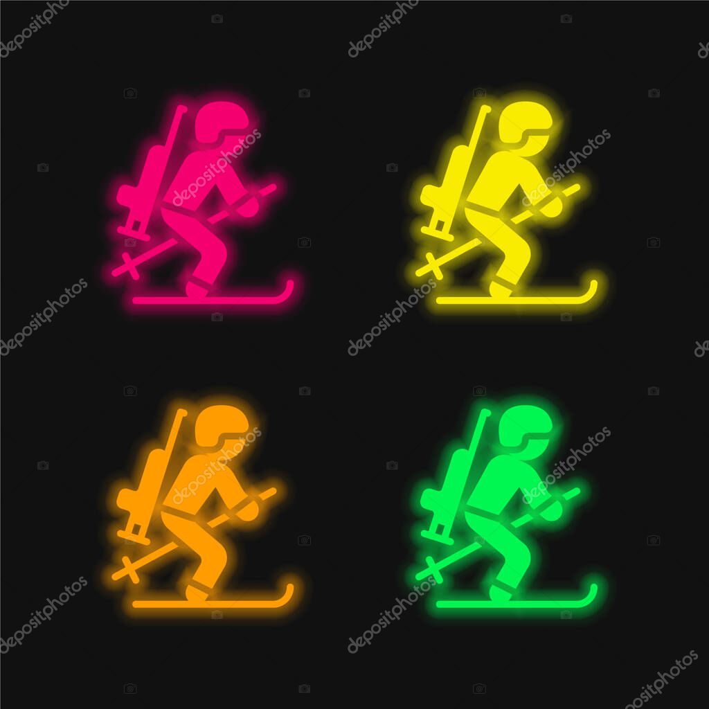 Biathlonist four color glowing neon vector icon